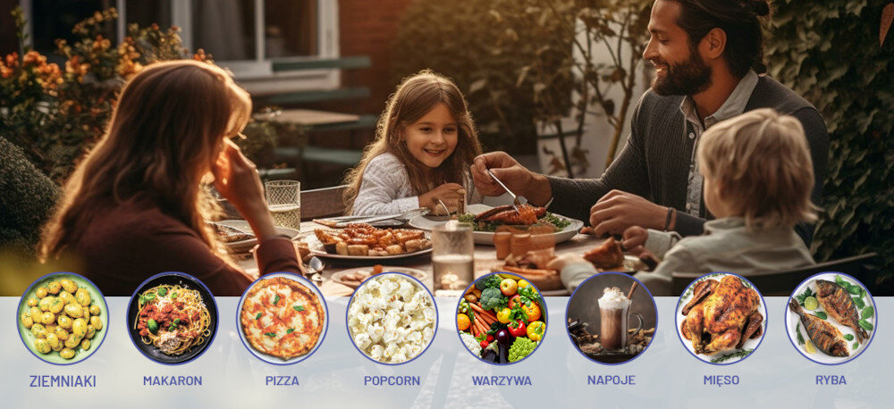 KUCHNIA MIKROFALOWA FINLUX F-MGE200BL programy automatyczne funkcje ziemniaki popcorn makaron pizza