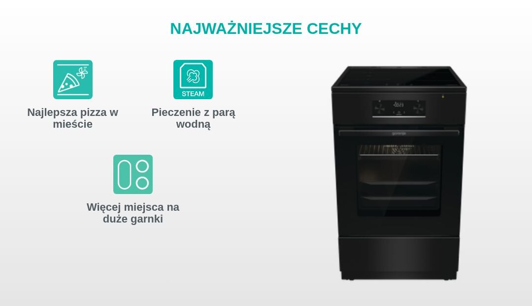 KUCHNIA GORENJE MEKIS510IB Grafika produktowa z kuchnią wolnostojącą Gorenje po prawej stronie oraz trzema turkusowymi piktogramami po lewej, opisanymi jako „Najlepsza pizza w mieście”, „Stabilne i trwałe ruszty” i „Łatwe wysuwanie blach” pod nagłówkiem „NAJWAŻNIEJSZE CECHY”