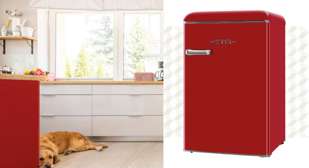Lodówka ETA Storio 253690030E 90cm Czerwona styl retro funkcjonalne rozwiązania technologiczne kompaktowe wymiary 90 x 55,2 x 61,7 cm elegancka czerwona obudowa klasyczne współczesne wnętrza jednodrzwiowa konstrukcja osobna komora mrożenia całkowita pojemność użytkowa 110 litrów mniejsze kuchnie biura