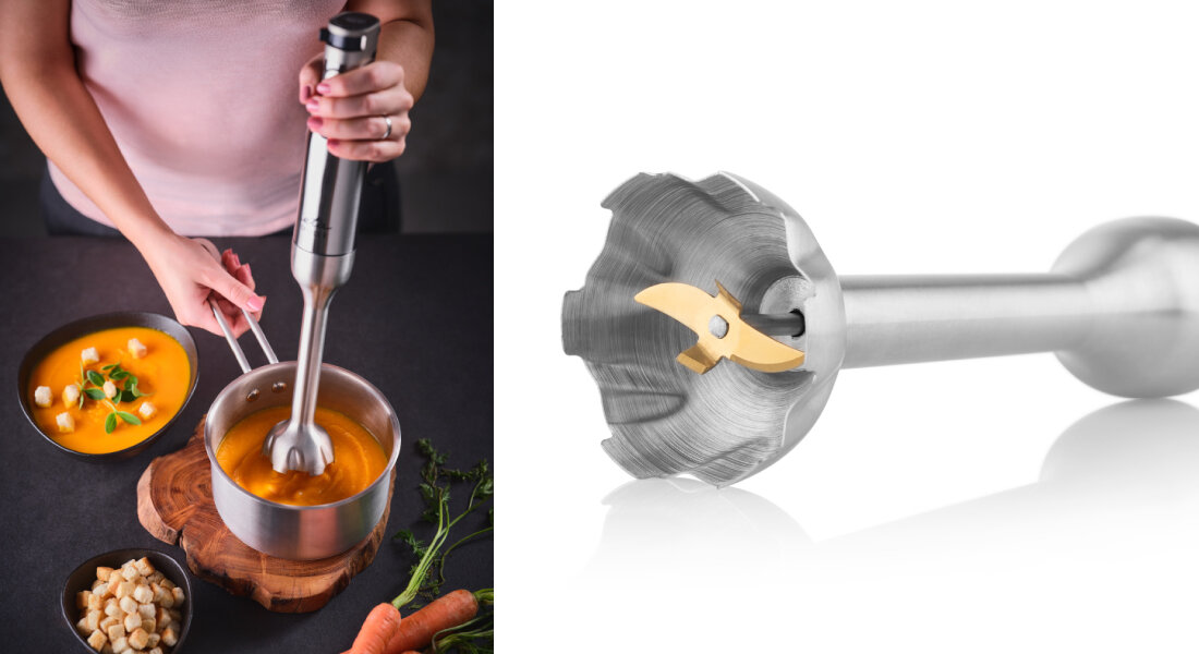 Blender ETA Spesso II 3w1 321590000 widok ostrzy blendowanie zupy stalowa obudowa łatwe czyszczenie wygodna rączka długi przewód 1,2 metra