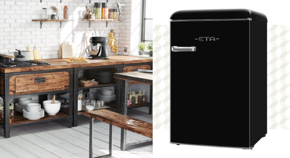 Lodówka ETA Storio 253790020E 90cm Czarna styl retro funkcjonalne rozwiązania technologiczne kompaktowe wymiary 90 x 55,2 x 61,7 cm elegancka czarna obudowa klasyczne współczesne wnętrza jednodrzwiowa konstrukcja osobna komora mrożenia całkowita pojemność użytkowa 110 litrów mniejsze kuchnie biura