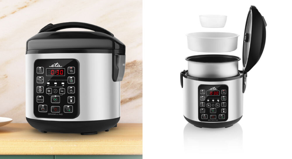 Multicooker ETA Granellino 413190000 stylowy design wysoka jakość stali nierdzewnej tworzywo sztuczne moc 500 W wyjmowana aluminiowa miska nieprzywierająca powłoka izolowane uchwyty miarka łyżka nasadka do gootowania na parze wszechstronność