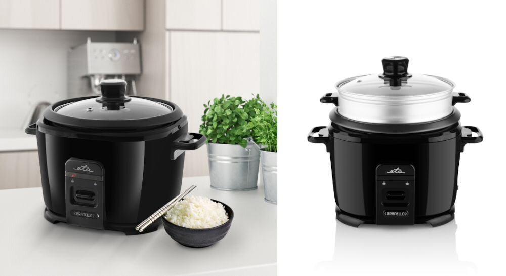 Ryżowar ETA Granello 313990000 stabilność antypośizgowe nóżki praktyczność aluminiowe naczynie pojemność 1,8 l pomieści 1,2 l surowego ryżu automatyczne utrzymanie temperatury jedzenie zawsze gotowe do podania łatwy montaż i konserwacja odłączany przewód zasilający wygodny w przechowywaniu