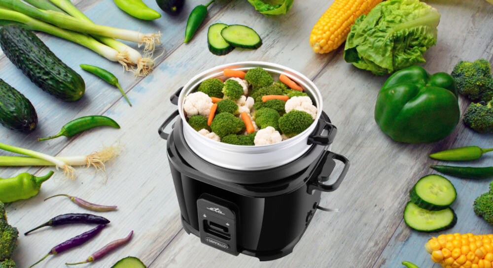 Ryżowar ETA Granello 313990000 zestaw miarka pojemność 120 ml łyżka do ryżu praktyczny przełącznik ON/OFF kontrolka świetlna pracy i podtrzymania temperatury podtrzymanie temperatury ułatwienie obsługi urządzenia niezastąpiony pomocnik w kuchni zdrowe szybkie posiłki bez zbędnego wysiłku