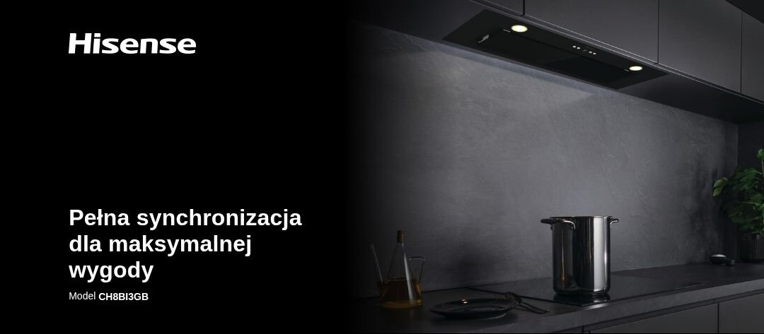 OKAP HISENSE CH8BI3GB Okap Hisense podczas pracy nad płytą grzewczą z unoszącą się parą. Grafika podkreśla synchronizację i wygodne sterowanie urządzeniem