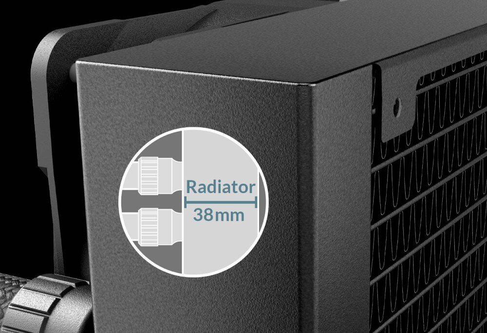 Chłodzenie wodne ARCTIC Liquid Freezer III 360 ARGB Zbliżenie na krawędź chłodnicy komputerowej z graficznym oznaczeniem jej grubości wynoszącej 'Radiator 38mm'