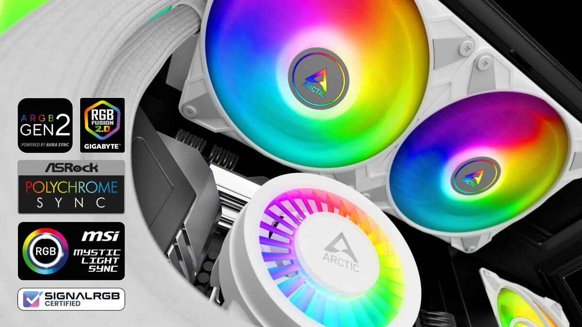 Chłodzenie wodne ARCTIC Liquid Freezer III 280 ARGB Biały standardowe kable 3-pin kompatybilność z większością systemów oświetleniowych płyt głównych, obudów, kontrolerów i akcesoriów kontrola programowa funkcja łańcucha diody LED niezliczone opcje kombinacji