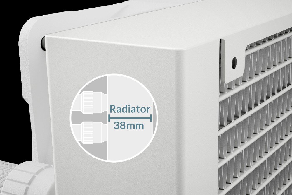 Chłodzenie wodne ARCTIC Liquid Freezer III 360 ARGB Zbliżenie na krawędź chłodnicy komputerowej z graficznym oznaczeniem jej grubości wynoszącej 'Radiator 38mm'