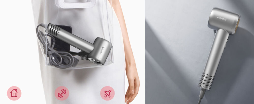 Suszarka COSHARE SuperFlow1 Pro Srebrny 1600W waga zaledwie 370 g lekka poręczna ergonomiczny kształt wygodna w użyciu w domu w podróży kompaktowe wymiary łatwo zmieścić w torebce lekka konstrukcja przyjemność suszenia 