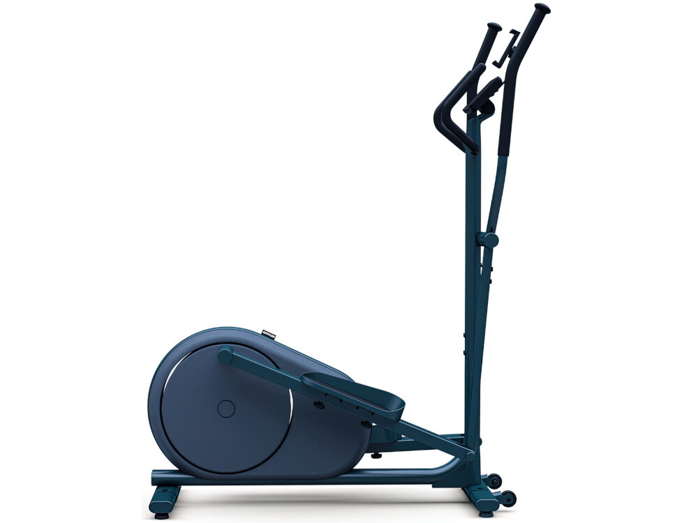 Orbitrek magnetyczny KETTLER Hoi Cross+ 20kg 39cm Granatowy orbitrek na białym tle widoczny z boku poprawa kondycji wyrzeźbienie sylwetki spalanie kalorii wzmocnienie mięśni nóg pośladków brzucha poprawa wydolność organizmu płynna cicha praca do intensywnego treningu cardio do łagodnych ćwiczenia poprawiających wydolność stawów dbanie o zdrowie