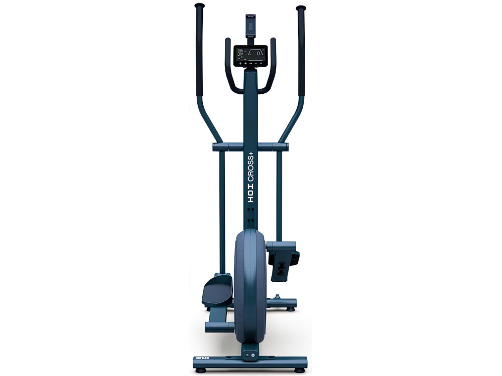 Orbitrek magnetyczny KETTLER Hoi Cross+ 20kg 39cm Granatowy orbitrek na białym tle widoczny od przodu elektromagnetyczny układo hamulcowy działa płynnie i niemal bezgłośnie 20 poziomów oporu dostoowanie treningu di swoich celów