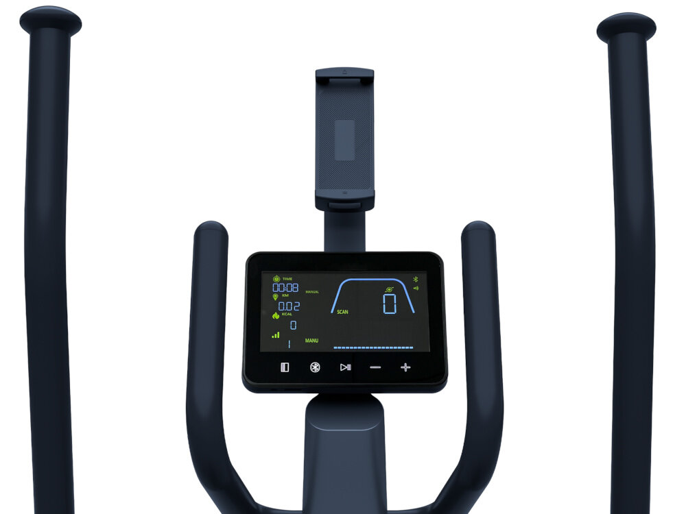 Orbitrek magnetyczny KETTLER Hoi Cross+ 20kg 39cm Granatowy zbliżenie na wświetlacz i uchwyty kolorowy wyświetlacz LCD analiza postępów dostoowanie planu treningowego do potrzeb uchwyt na butelkę z wodą miejsce na smartfon lub tablet intuicyjna obsługa