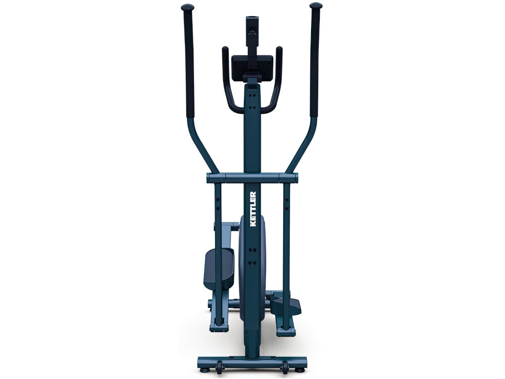 Orbitrek magnetyczny KETTLER Hoi Cross+ 20kg 39cm Granatowy orbitrek na białym tle widoczny od przodu regulowane bieżniki długość kroku 390 mm rozstaw bieżników 200 mm wygoda dla użytkowników o wzroście od 150 do 200 cm dopasowuje się do różnych sylwetek i preferencji