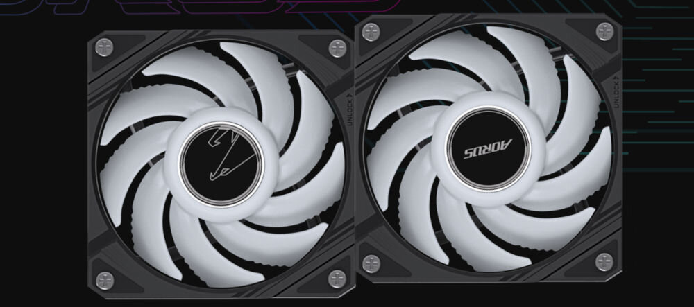 Chłodzenie wodne GIGABYTE Aorus WaterForce II 240
prosty montaż wentylatorów, wentylatory o wymiarach ok. 120 x 120 x 25 mm, system Fan EZ-Chain, mechanizm wsuwania,
połączenie DAISY-CHAIN, wentylatory na ciemnym tle