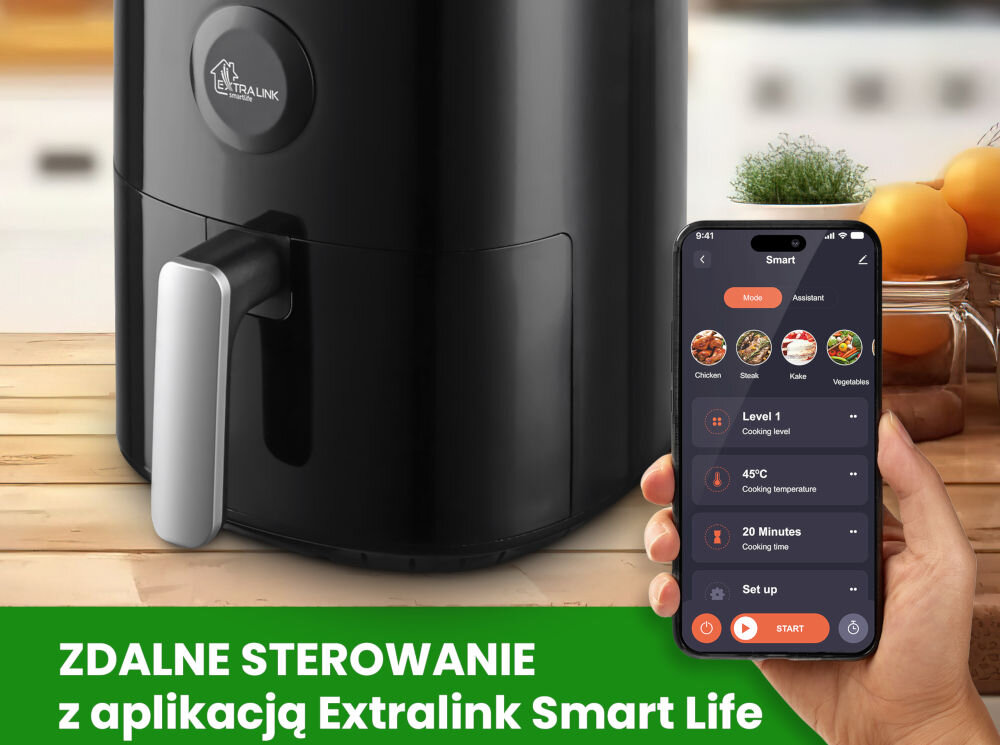 Frytkownica beztłuszczowa EXTRALINK SJ-400 Air Fryer dedykowana aplikacja sterowanie urzadzeniem na odległość temperatura czas pracy aplikacja gotowe programy kulinarne funkcjonalność wygoda precyzja