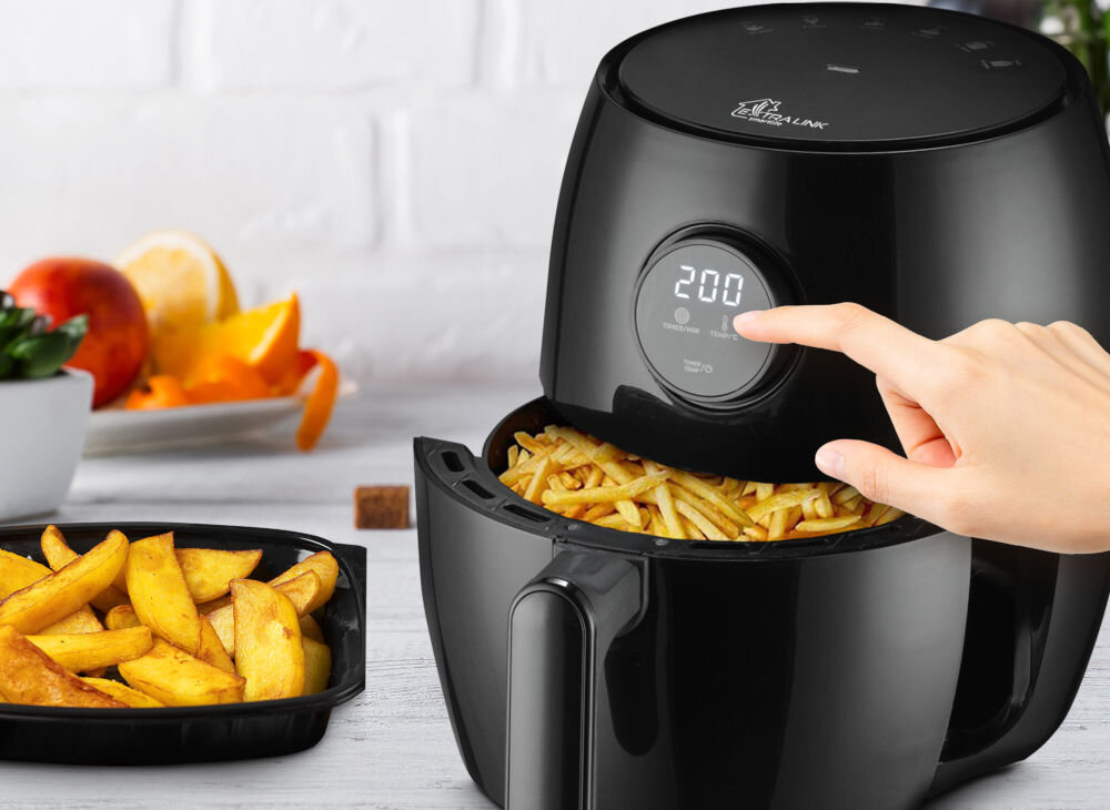 Frytkownica beztłuszczowa EXTRALINK SJ-200 Air Fryer intuicyjny panel LED pełna kontrola ustawineie temperatury w zakresie od 80 do 200 stopni regulacja czasu precyzyjne dopasowanie parametrów łatwe dostosowanie ustawień