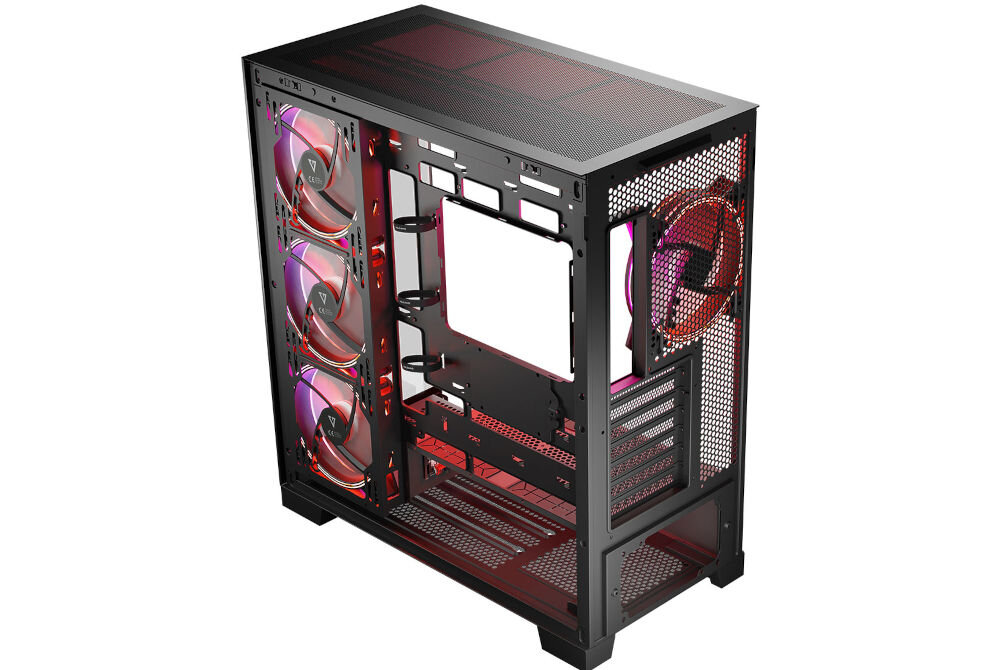 Obudowa MODECOM Volcano Space Apex ARGB Midi Czarny dla graczy gumowe przepusty bezpieczeństwo organizery przewodów na rzep dysk 2.5” SSD 3.5” HDD