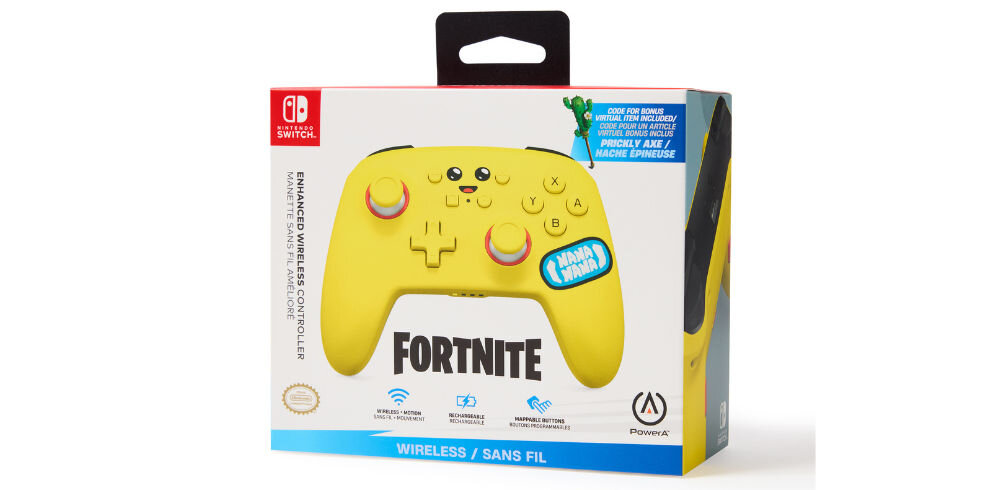 Kontroler POWERA Switch Enhanced Fortnite Peely prezentacja pudełka pada na białym tle bezprzewodowa swoboda Bluetooth 5.0 akumulator litowo-jonowy 900 mAh do 30 godzin na jednym ładowaniu kabel USB-C/USB-A 3 metry wskaźnik LED