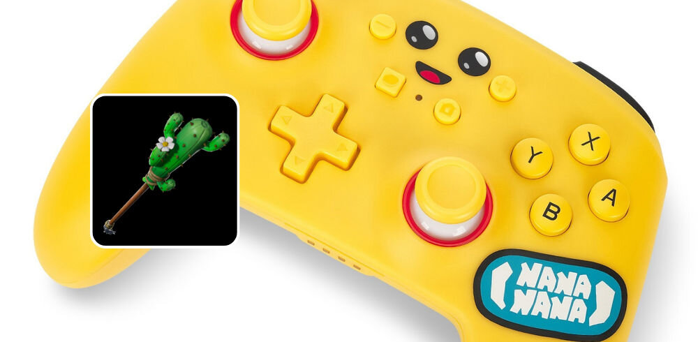 Kontroler POWERA Switch Enhanced Fortnite Peely prezentacja kontrolera na białym tle grafika z zawartością dodatkową w zestawie kod na rzadki przedmiot Prickly Axe wartość 800 V-dolców
