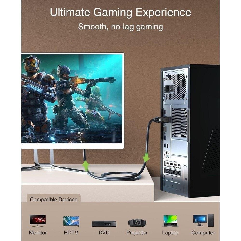 Obraz przedstawia monitor podłączony do komputera za pomocą kabla, z widoczną grafiką z gry. Na górze znajduje się tekst: \'Ultimate Gaming Experience Smooth, no-lag gaming\', a poniżej ikony urządzeń kompatybilnych: Monitor, HDTV, DVD, Projector, Laptop, Computer.