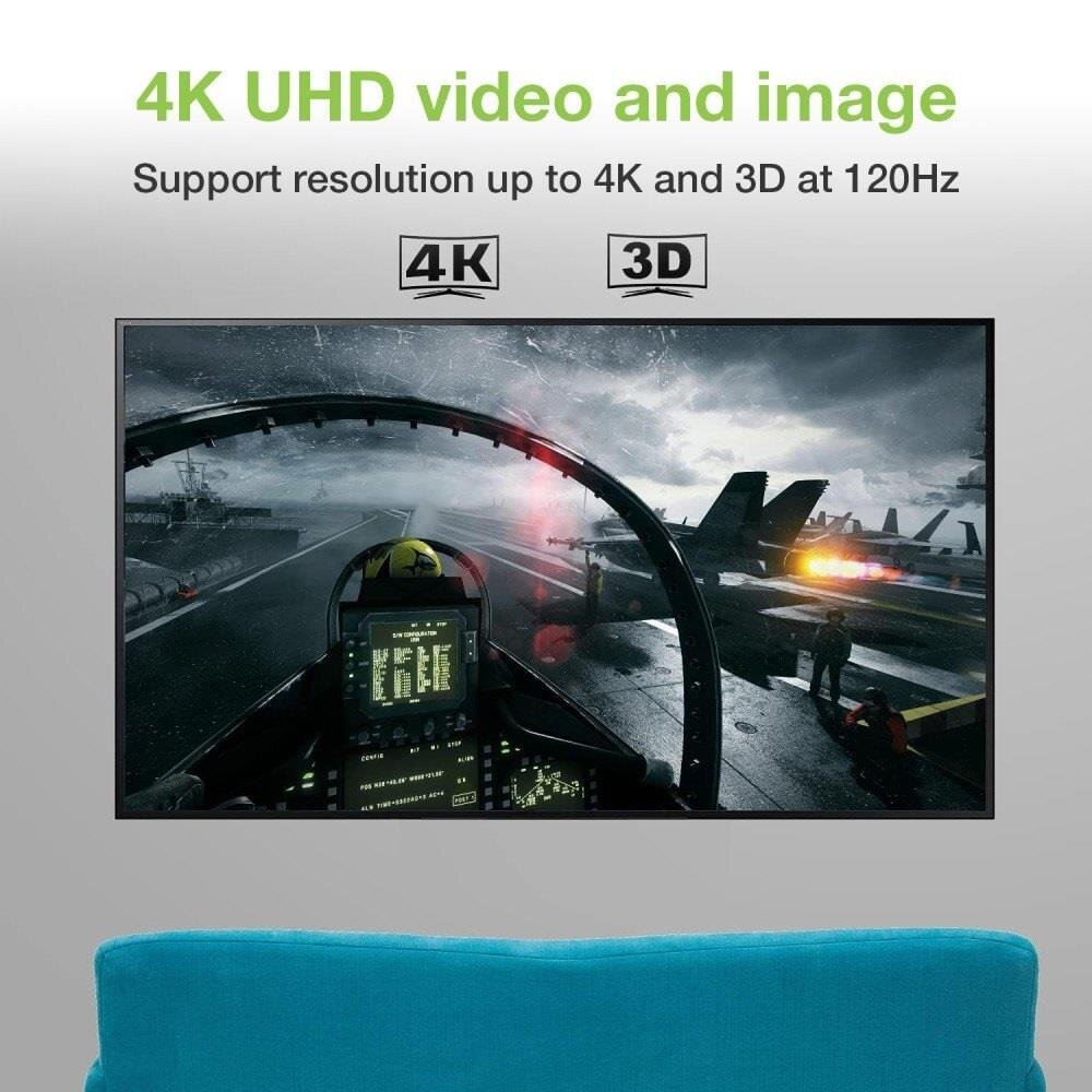 Obraz przedstawia ekran z widokiem z kokpitu samolotu na lotniskowcu, z widocznymi samolotami i personelem na pokładzie. Na górze widnieje tekst: \'4K UHD video and image Support resolution up to 4K and 3D at 120Hz\'.