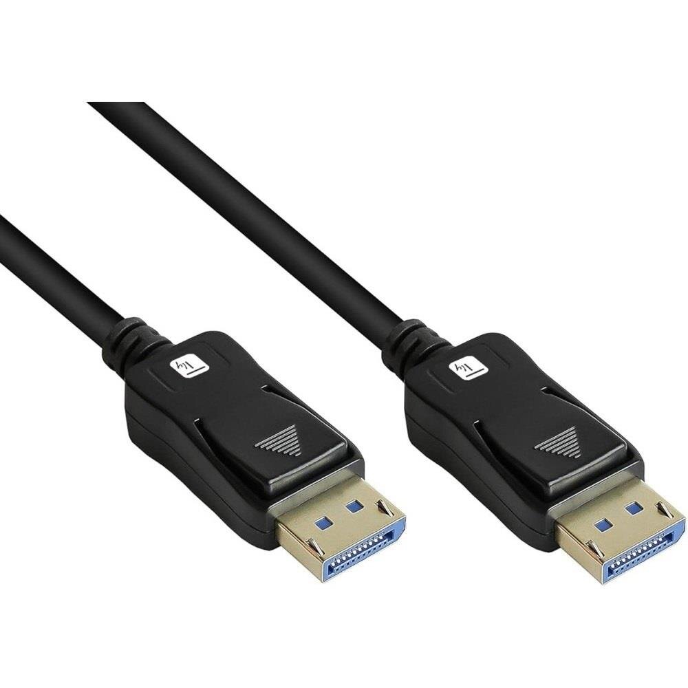 Czarny kabel DisplayPort z dwoma złączami, każde z oznaczeniem strzałki i symbolem \'1\'.