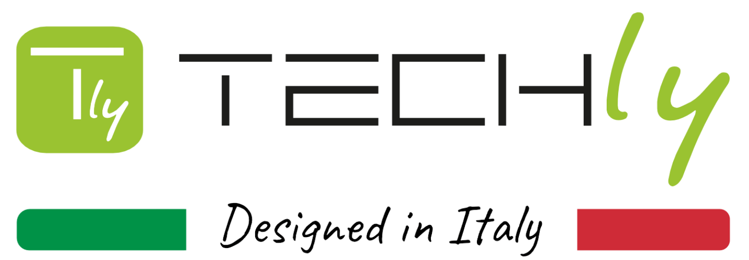 Logo z napisem \'TECHly\' oraz tekstem \'Designed in Italy\', z zielonym i czerwonym paskiem poniżej.