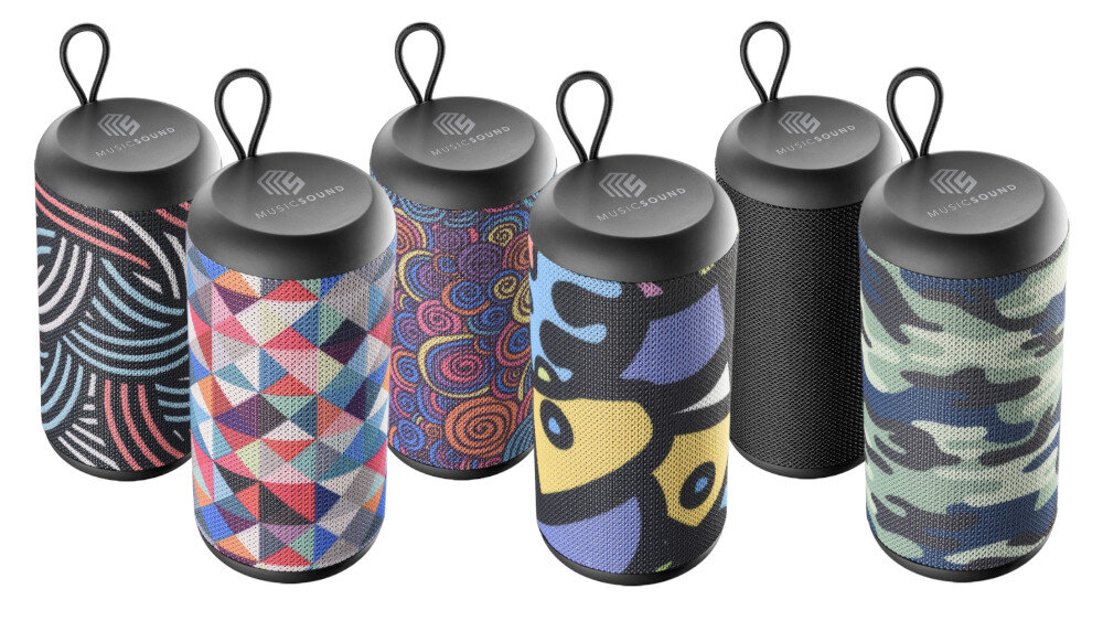 Głośnik mobilny CELLULARLINE Vertical sześciu wariantach kolorystycznych klasyczną czerń dynamiczny wzór moro cztery wersje wielokolorowe