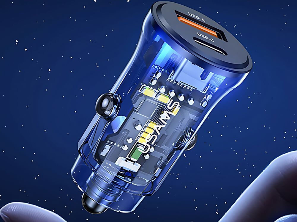 Ładowarka samochodowa USAMS C32 30W Fast Charge Niebieski
ładowarka na niebieskim tle
porty USB-A USB-C ładowanie dwóch urządzeń łączna moc 30W obsługa standardów szybkiego ładowania QC, AFC, SCP, FCP i Apple 2.4 efektywne zasilanie smartfonów różnych producentów w tym Huawei, Apple, Xiaomi, Honor, OPPO i Samsung