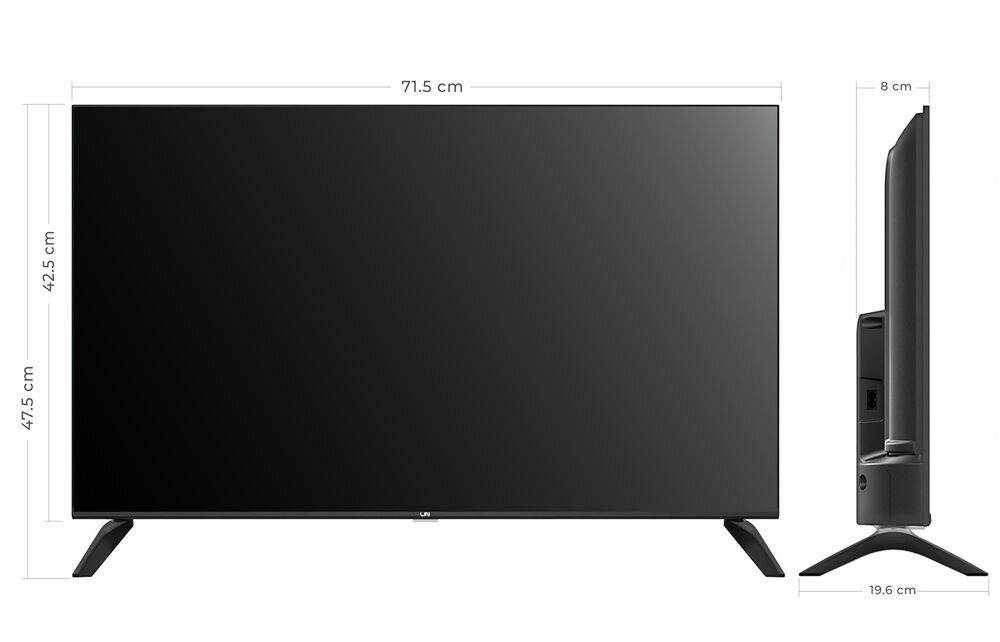 Obraz przedstawia telewizor z płaskim ekranem o wymiarach 71,5 cm szerokości, 47,5 cm wysokości i 8 cm głębokości. Na ekranie widoczne są wymiary: 71,5 cm, 42,5 cm, 47,5 cm, 8 cm i 19,6 cm.