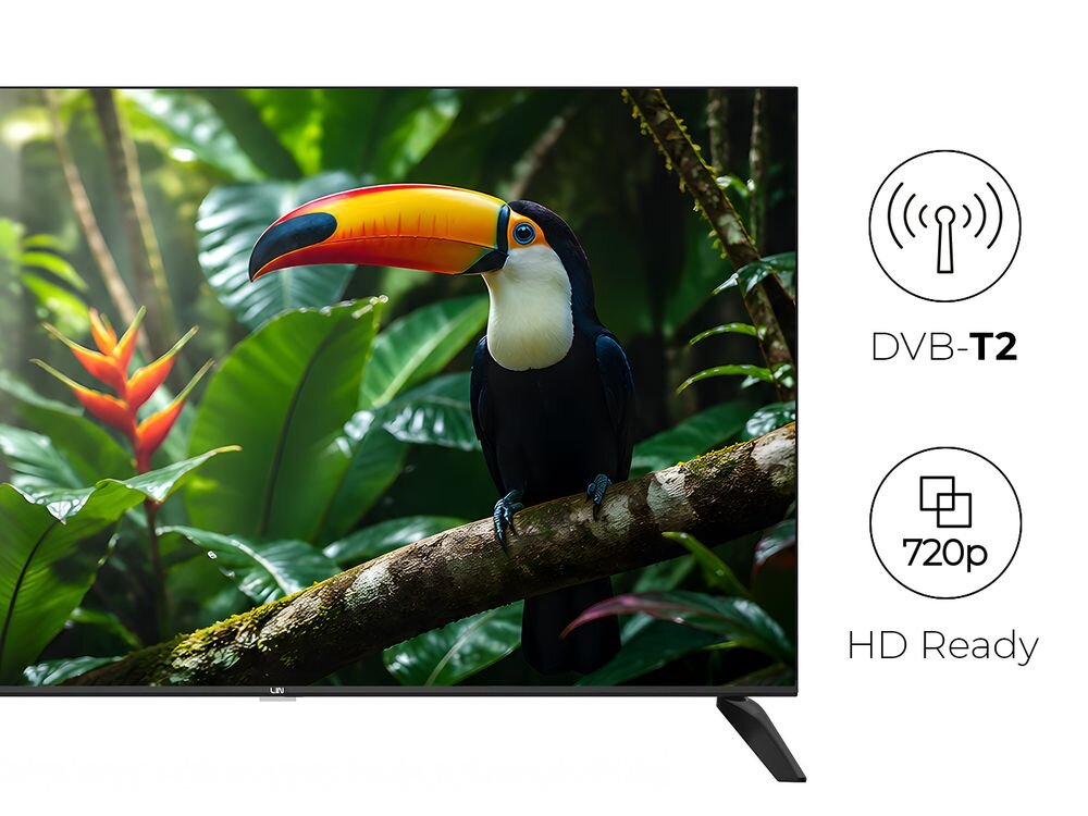 Na ekranie telewizora widać kolorowego tukana siedzącego na gałęzi wśród zielonych liści. Obok znajdują się ikony z napisami: \'DVB-T2\' i \'720p HD Ready\'.
