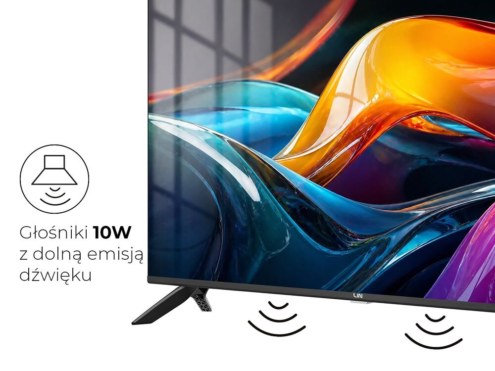 Telewizor z kolorowym wyświetlaczem i logo LIN na dolnej ramce. Obok znajduje się ikona głośnika z tekstem: \'Głośniki 10W z dolną emisją dźwięku\'.