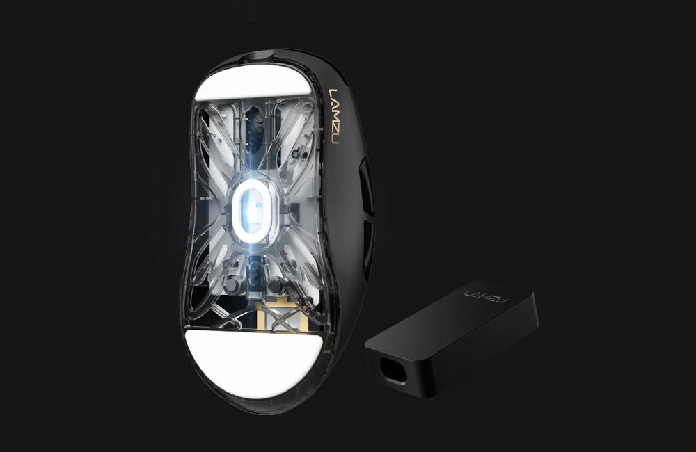 LAMZU Atlantis Mini 4K LAMZU Atlantis Mini 4K sensora PixArt 3395 DPI aż do 26 000 trybu 4000 Hz specjalnego dongla - mysz od spodu pionowo, rozświetlony sensor