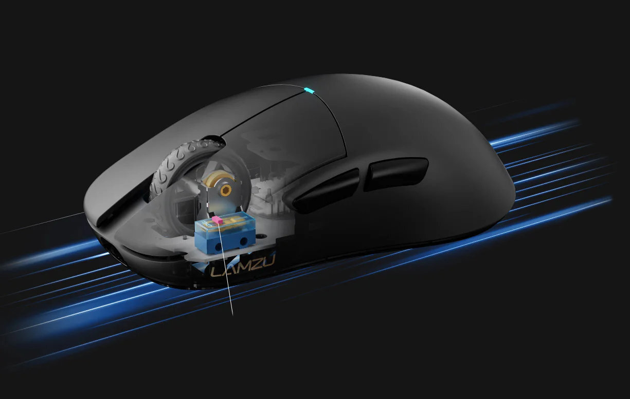 LAMZU Atlantis Mini 4K optyczne przełączniki Huano 60 milionów kliknięć problem podwójnego kliknięcia - zbliżenie na przełączniki myszy