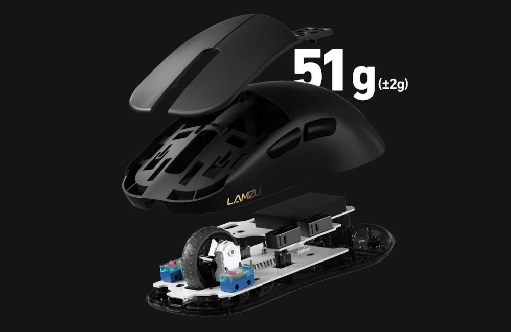 LAMZU Atlantis Mini 4K wadze 51 g Maya X Lekka konstrukcja dynamicznych rozgrywkach - mysz rozłożona części na czarnym tle, w tle napis 51g