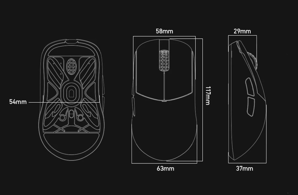 LAMZU Atlantis Mini 4K 117 × 63 × 37 mm pewnie leży w dłoni - rysunek techniczny myszki z wymiarami