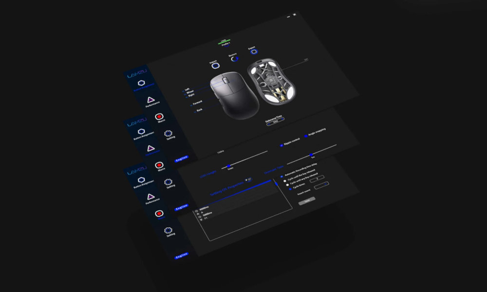 LAMZU Thorn dedykowanym oprogramowaniem LAMZU ustawić poziomy DPI, częstotliwość odświeżania (polling rate), mapować przyciski regulować parametry sensora - zrzut ekranu z oprogramowania