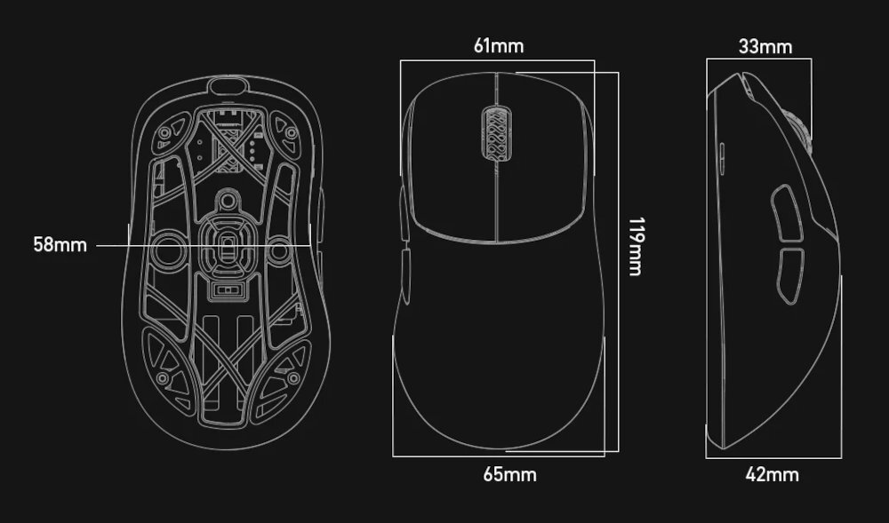 LAMZU Thorn 119 × 65 × 42 mm pewnie leży w dłoni - rysunek techniczny myszki z wymiarami