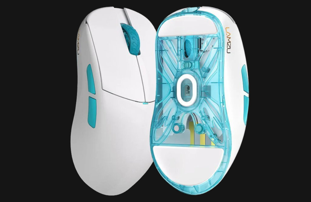 LAMZU Atlantis OG V2 Pro LAMZU Atlantis OG V2 Pro  niską wagę sensor polling rate przełączniki optyczne Huano Atlantis OG V2 Pro chwyt claw grip - mysz na biurku na ciemnym tle