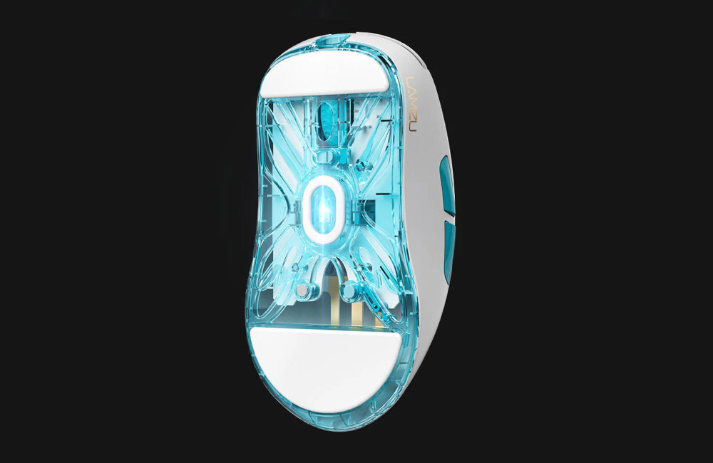 LAMZU Atlantis OG V2 Pro LAMZU Atlantis OG V2 Pro sensora PixArt 3395 DPI aż do 26 000 trybu 4000 Hz specjalnego dongla - mysz od spodu pionowo, rozświetlony sensor