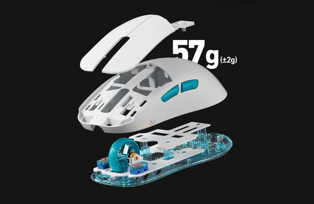 LAMZU Atlantis OG V2 Pro wadze 57 g Maya X Lekka konstrukcja dynamicznych rozgrywkach - mysz rozłożona części na czarnym tle, w tle napis 57g