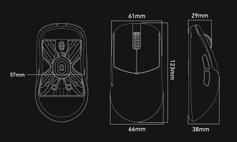 LAMZU Atlantis OG V2 Pro 123 × 66 × 38 mm pewnie leży w dłoni - rysunek techniczny myszki z wymiarami