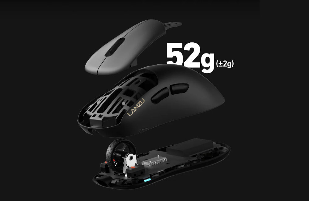 LAMZU Thorn wadze 52 g Maya X Lekka konstrukcja dynamicznych rozgrywkach - mysz rozłożona części na czarnym tle, w tle napis 52g