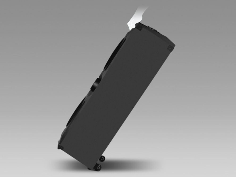 Power audio SVEN PS-1500 kółka transportowe, łatwe przenoszenie, mobilny głośnik, ręka trzymająca głośnik za uchwyt