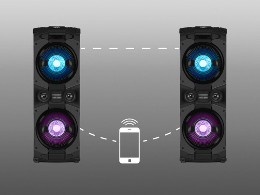 Power audio SVEN PS-1500 technologia TWS, połączenie stereo, większa moc dźwięku, dwa power audio od frontu z logiem smartfona
