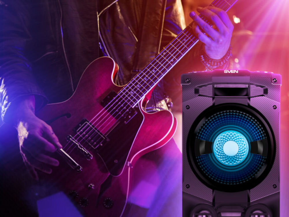 Power audio SVEN PS-1500 wejście gitarowe, instrumenty muzyczne, własne aranżacje, power audio od frontu, osoba grająca na gitarze