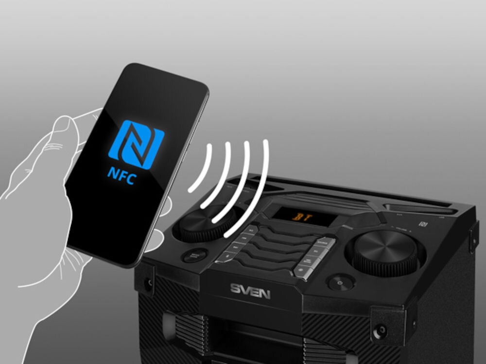 Power audio SVEN PS-1500 technologia NFC, szybkie parowanie Android, szybki start odtwarzania, kadr panelu power audio, ręka trzymająca smartfona z logiem NFC