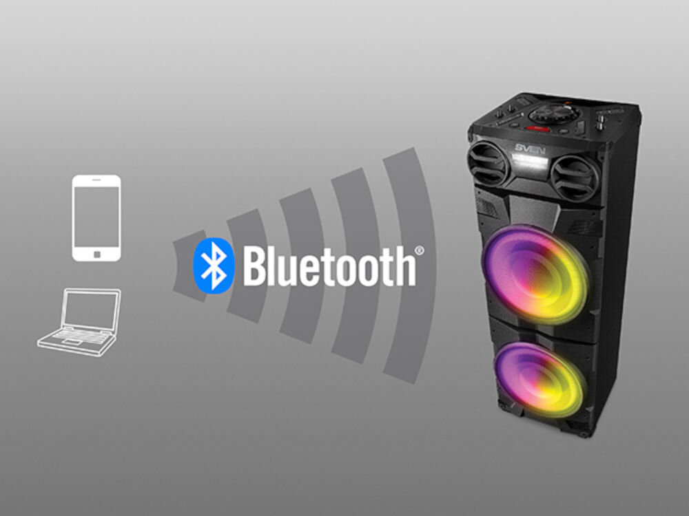 Power audio SVEN PS-1900 Bluetooth transmisja bezprzewodowa, power audio po skosie, logo Bluetooth, smartfona oraz laptopa
