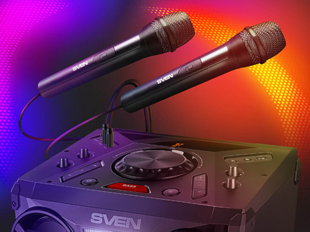 Power audio SVEN PS-1900 wejścia mikrofonowe karaoke duet, kadr power audio, dwa mikrofony