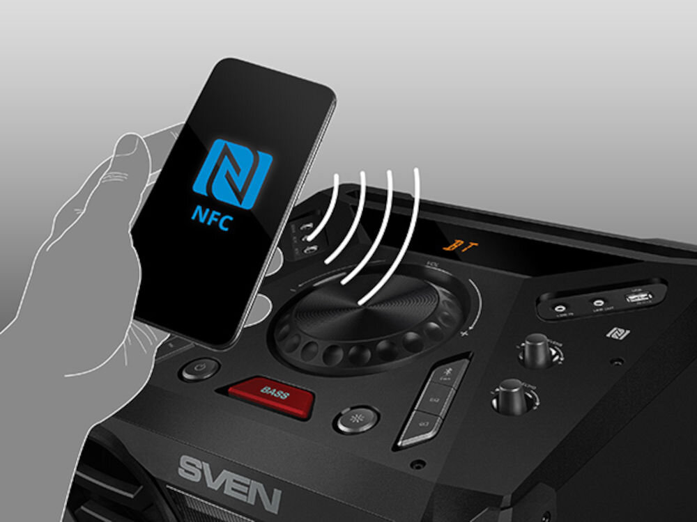 Power audio SVEN PS-1900 NFC szybkie połączenie Android, kadr power audio, ręka trzymająca smartfon z logiem NFC